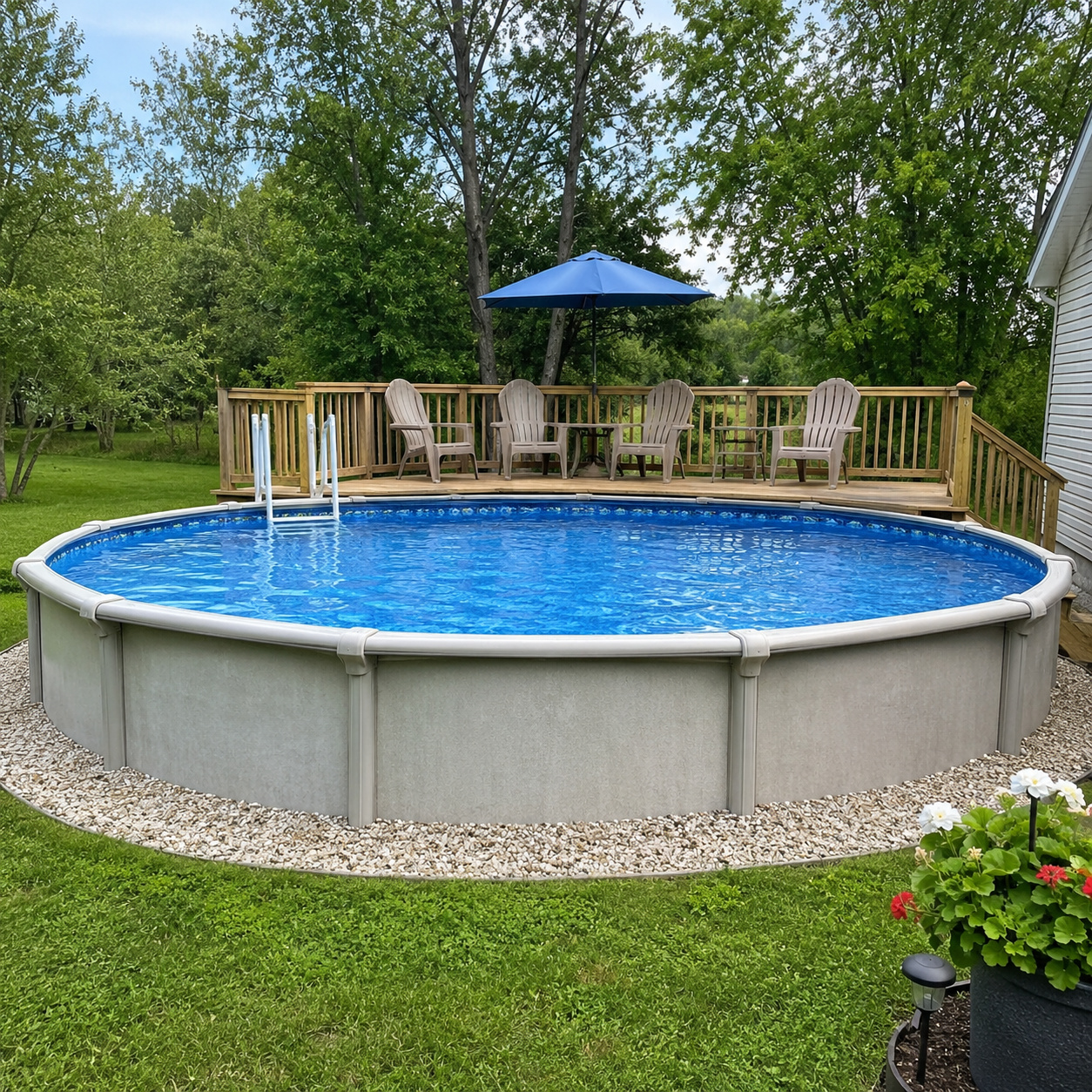 Half deck running the full length of one side of a 24 ft round above ground pool