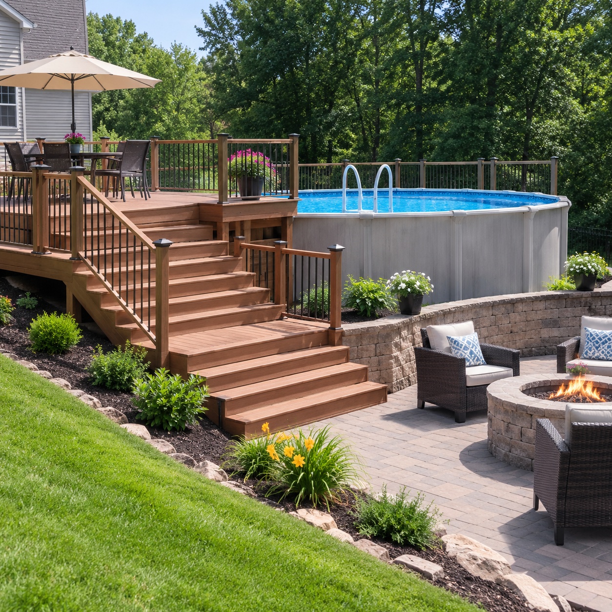 Multi-level above ground pool deck stepping down to a patio level on a sloped yard
