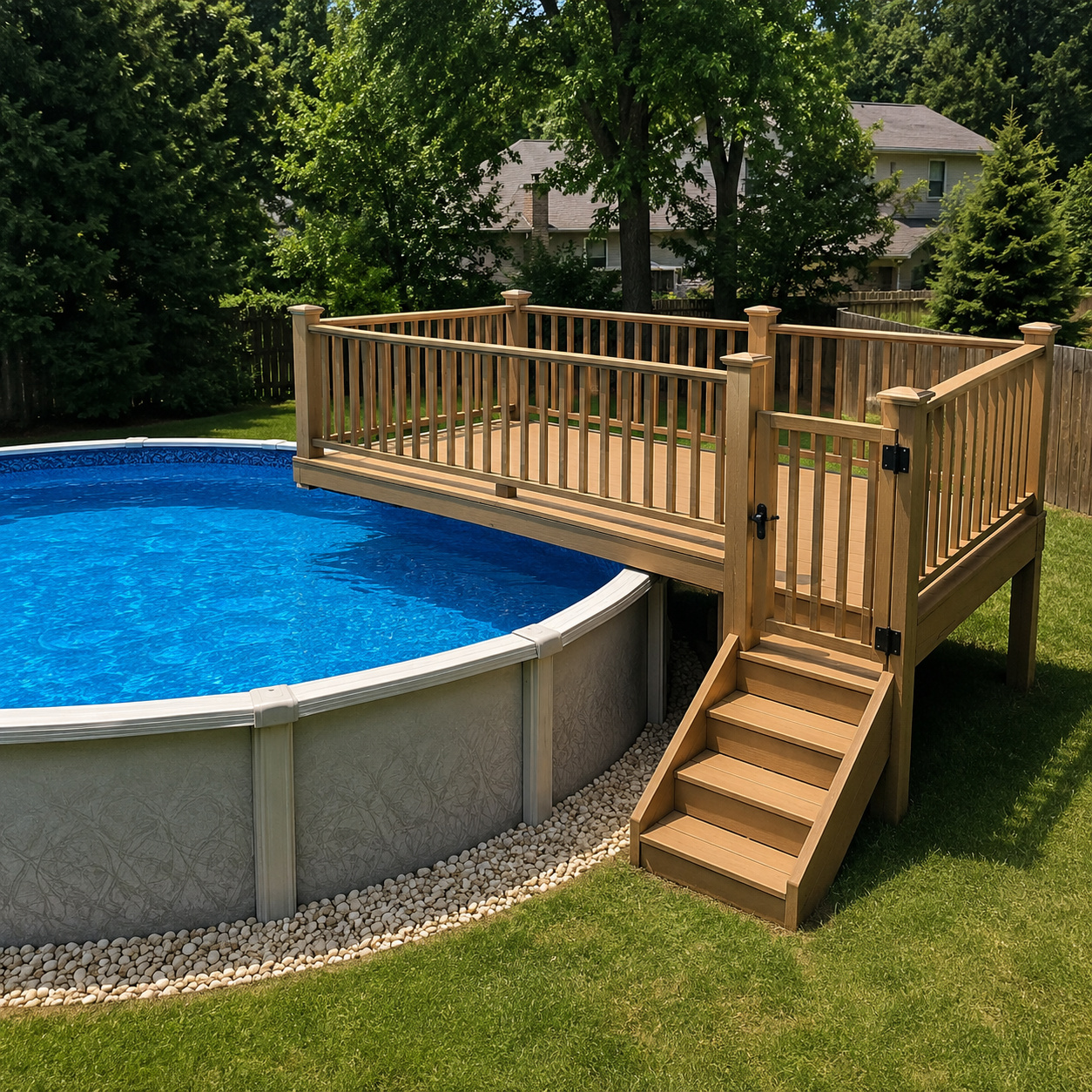 Sun deck platform with gated steps on an 18 ft round above ground pool