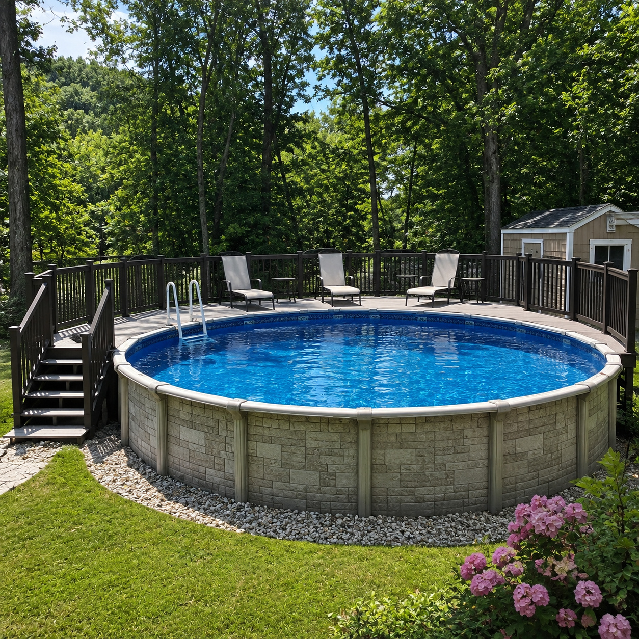 Full wrap-around deck circling a 24 ft round above ground pool with dark railing