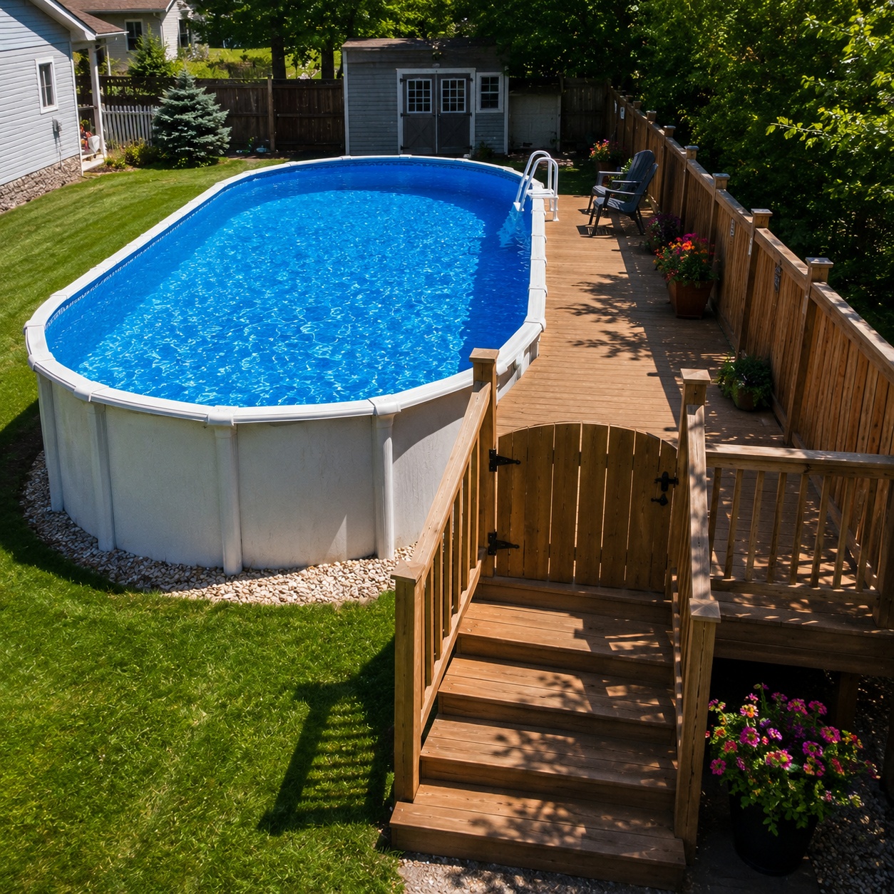 12 x 24 oval above ground pool with a side walkway deck along a fence
