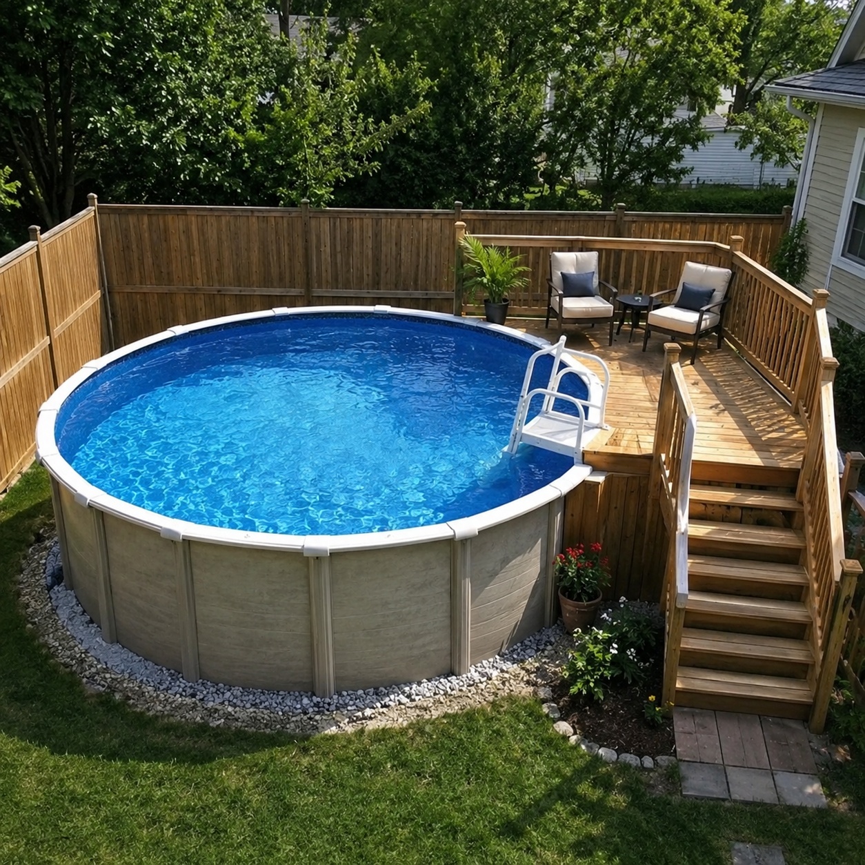 15 ft round above ground pool with a compact corner deck in a small backyard