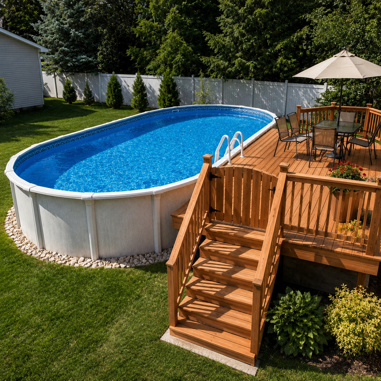 15 x 30 oval above ground pool with a cedar half deck