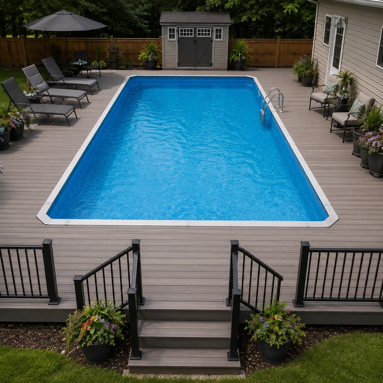 16 x 32 rectangular above ground pool with a flush composite deck surround