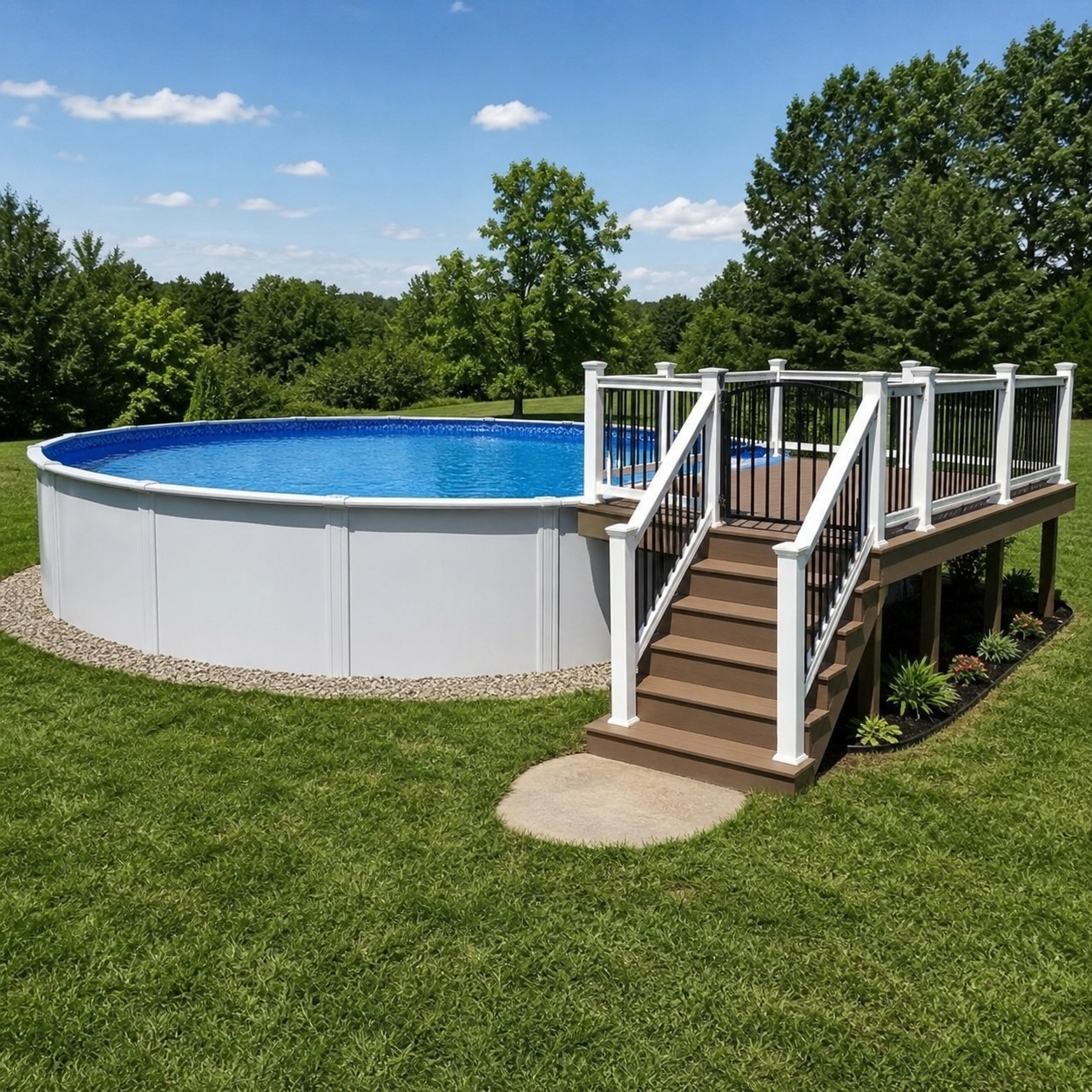 18 ft round above ground pool with a half deck and gated steps