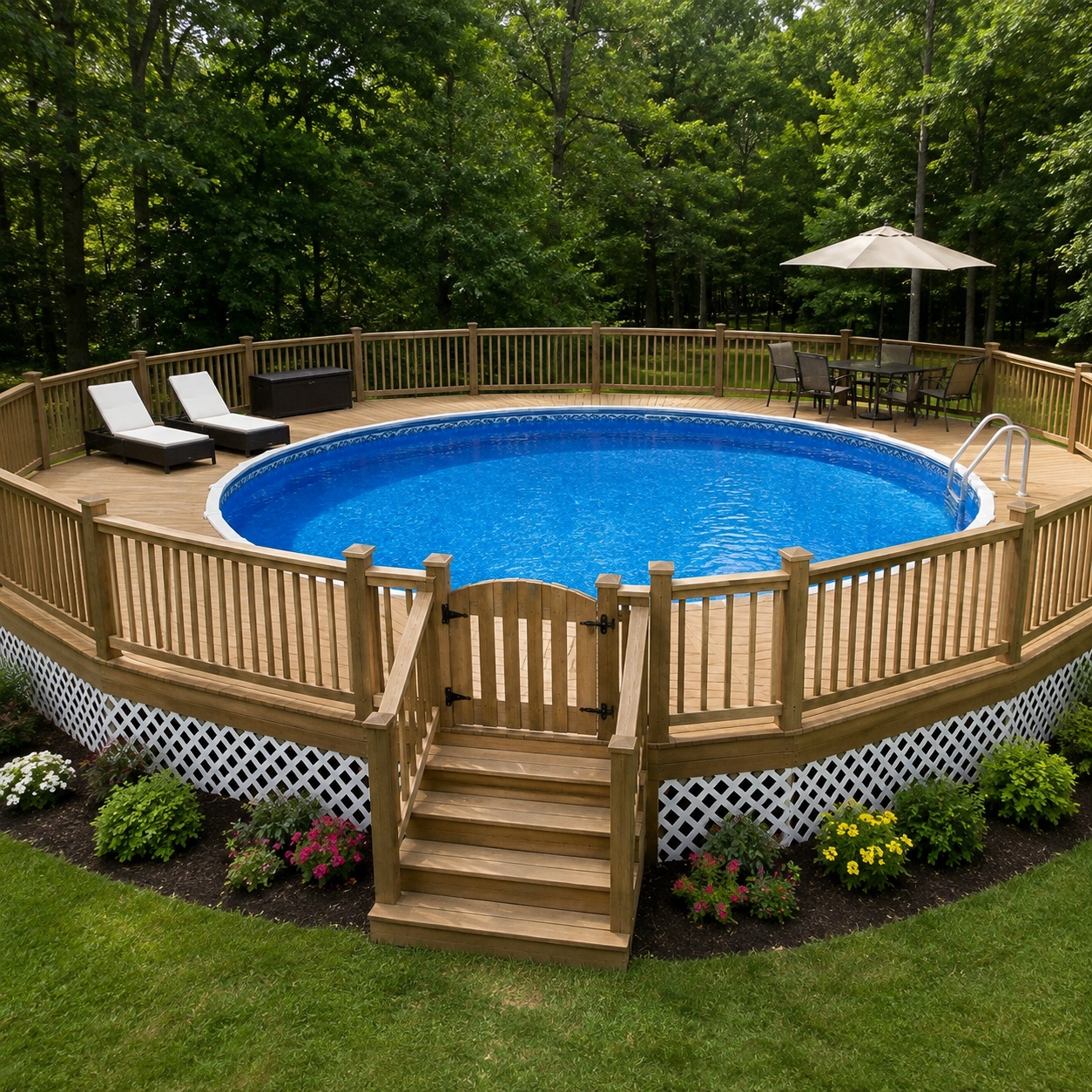 24 ft round above ground pool with a full wrap-around deck